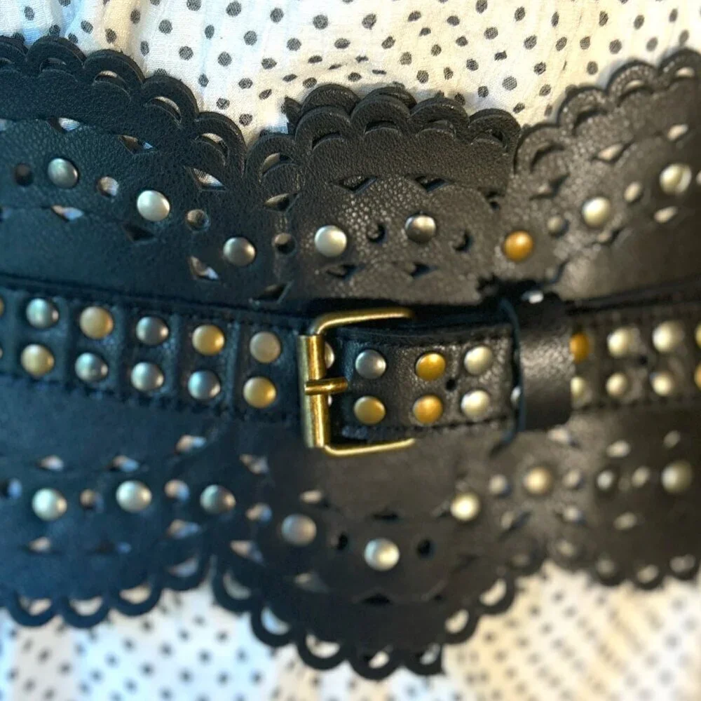 Venus SZM W Black Laser Cut Studded Belt Bohemian Festival Artsy Western Goth